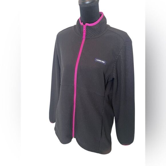 LANDS END BLACK GRID FLEECE ZIP‎ UP WINTER JACKET WOMENS SIZE LARGE - Picture 4 of 11